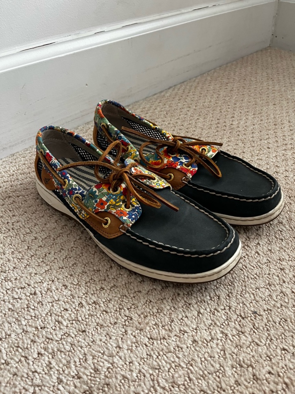 Women’s Sperry Navy Leather Floral Boat Shoes